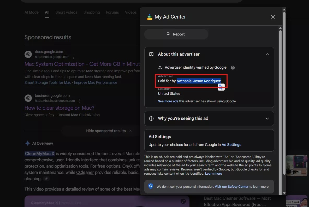 First advertiser is Nathaniel Josue Rodriguez (Source - MacKeeper)
